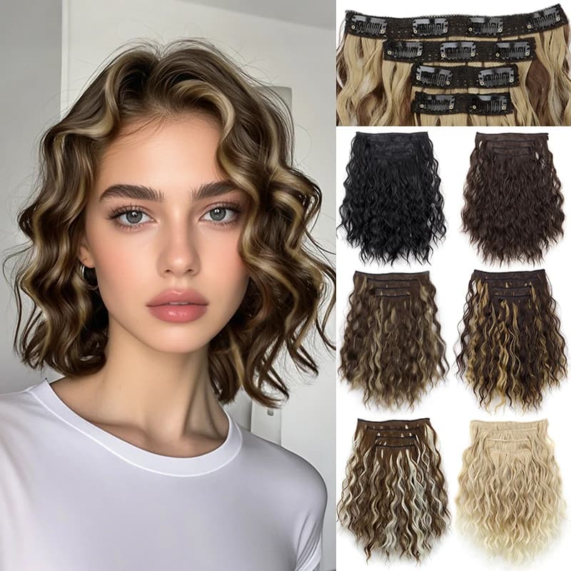 4 Pieces/Set Synthetic Clip In Hair Extensions Short Water Ripple Hair Pieces Soft Fluffy Curly Wig Fashion Hair Accessories A