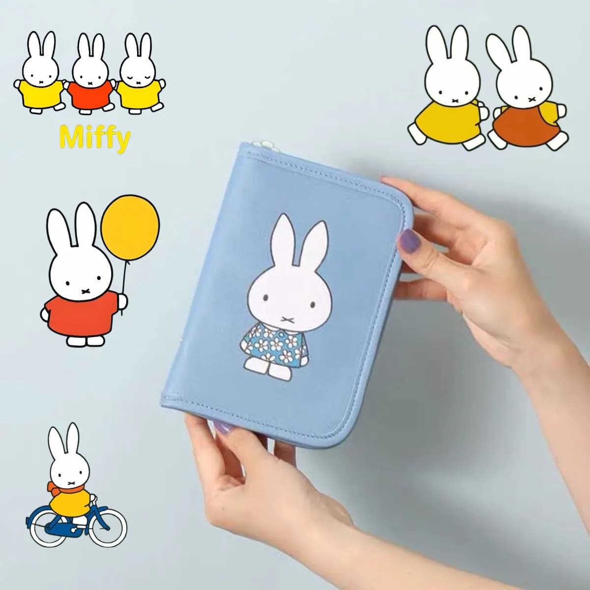 Kawaii Miffy ID Card Case Cartoon Miffy Rabbit Leather Passport Bag Document Ticket Storage Bag Multi-functional Notebook Bag