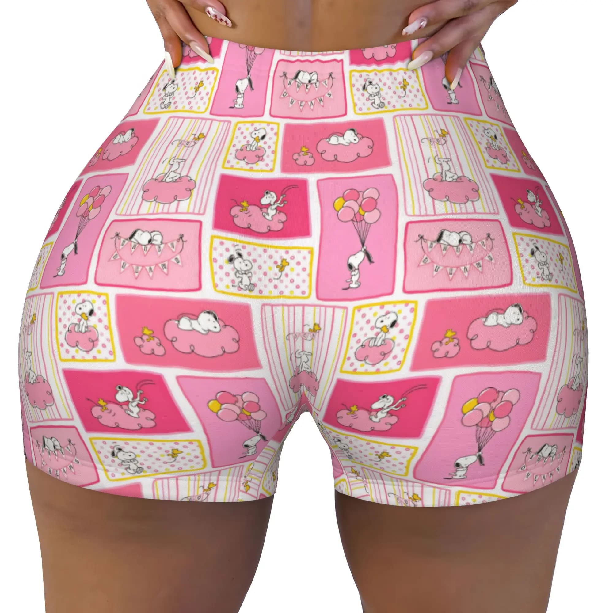 Snoopy and Woodstock Sweet Dreams Running Volleyball Gym Shorts Women's Polka Dot And Striped Athletic Workout Yoga Shorts