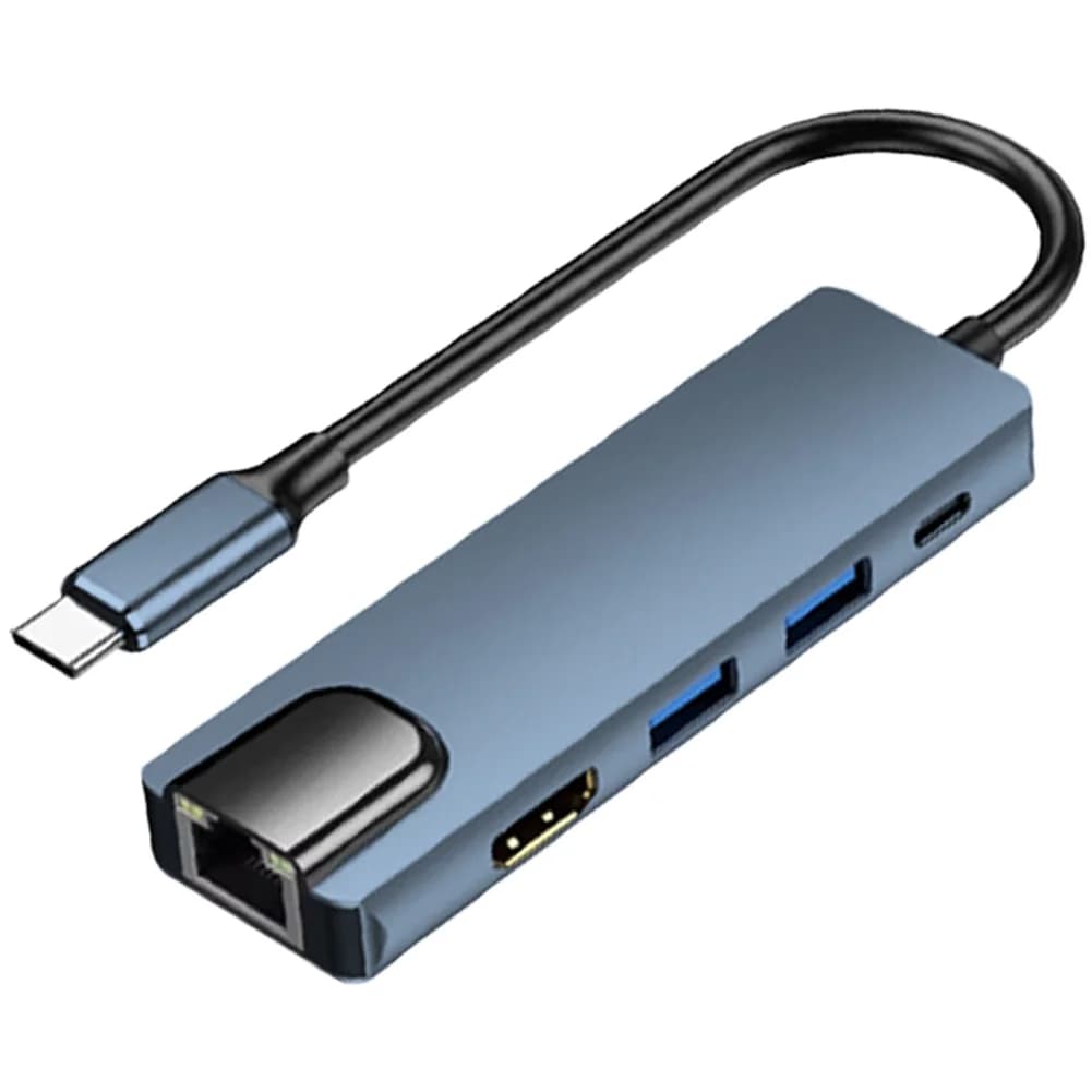 Hub Type-C 5-in-1 con Uscita Video 4K/60Hz, Trasferimento Dati USB 3.0, Ethernet 100Mbps e Lettore di Schede di Memoria