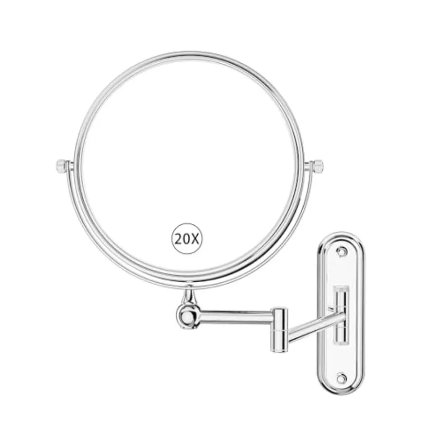Specchio per il trucco da parete GURUN da 8 pollici con ingrandimento 20X per il bagno - 360 ° Supporto Cromato Girevole e Estensibile a Doppio Lato
