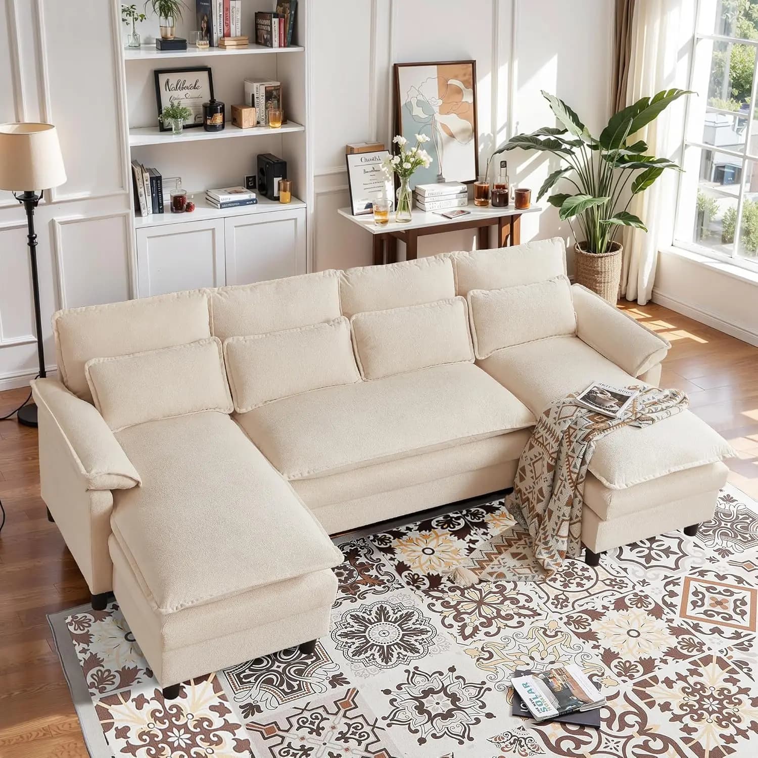 Divano Sezionale a U da 105 Pollici con Doppia Chaise Longue, Seduta Profonda, Cuscini Lombari, Facile Montaggio, per Soggiorno e Ufficio, Beige, Personalizzabile