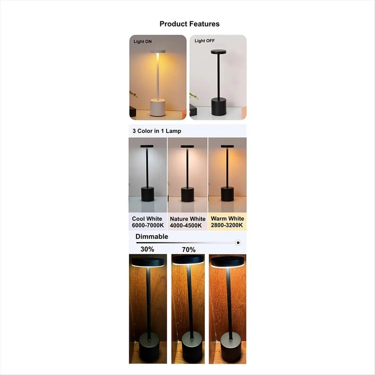 (ABKM) Lampada da tavolo a LED ricaricabile di tipo C con interruttore touch, luce notturna da comodino portatile, lampada da scrivania a 3 colori per Club Bar Room A