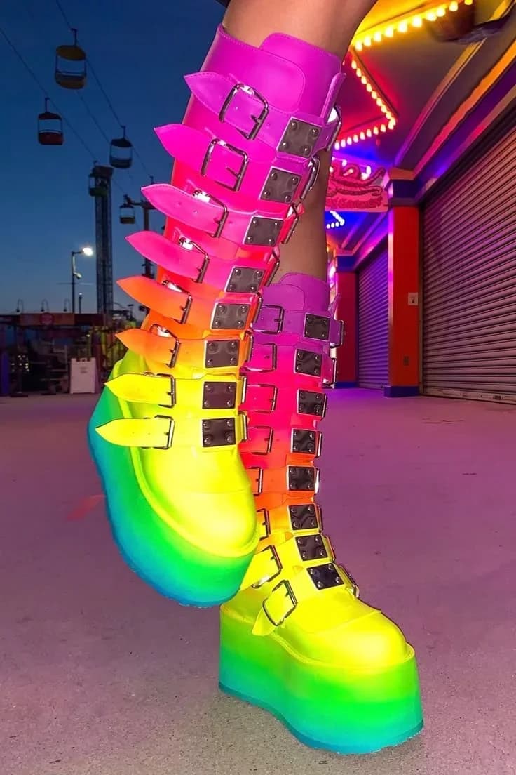 Bike boots with punk rock belt buckle with platform Large size motorcycle boots street fashion 2025 New stage boots with wedge and round tip