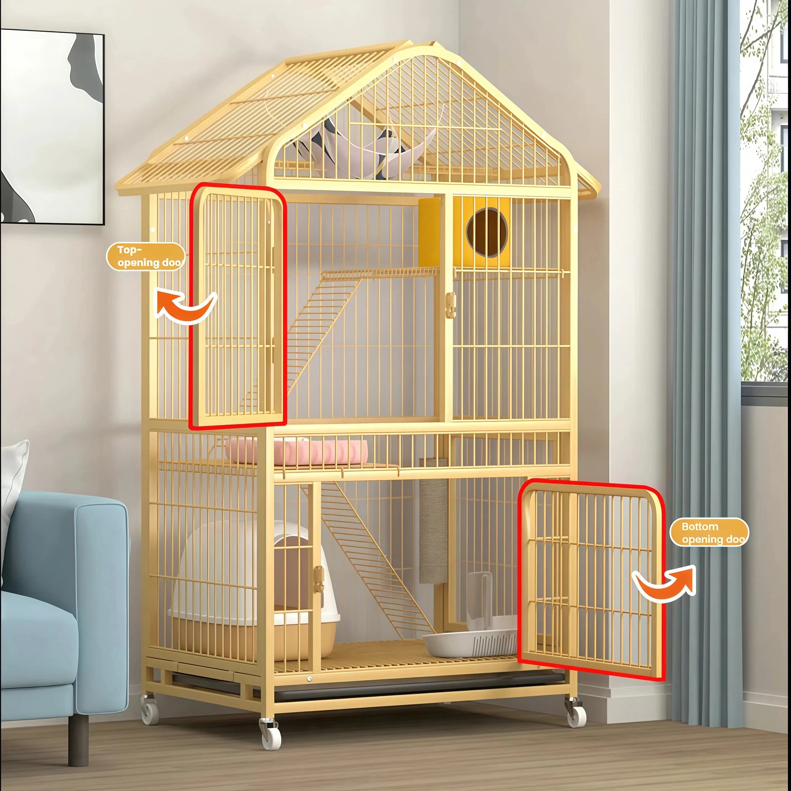 3 Tier Cat Cage Villa House Large Space Iron Metal Powder Coated Removable Tray Durable Indoor Cat Condo Tree Platform Kittens