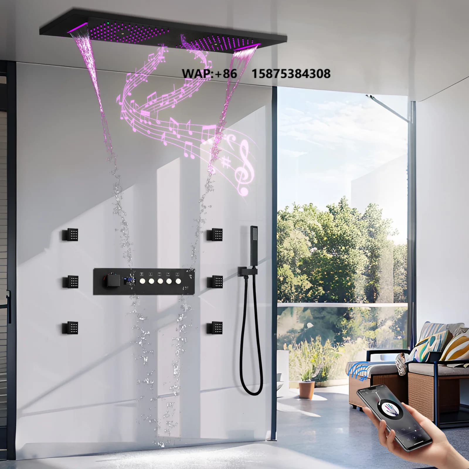 Smart Ceiling Mount 36*12inch Music LED Shower Head Rain Massage Thermostatic Concealed Shower System Set Bathroom