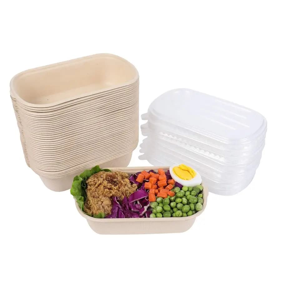 Disposable bowls for salad with lid, containers for takeaway food in sugar cane fiber, containers for preparing meals, containers for takeaway food.
