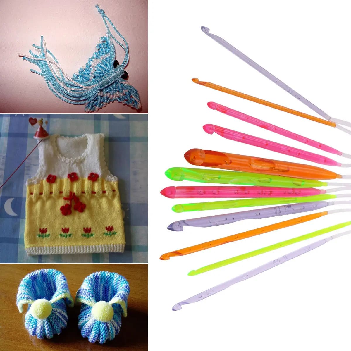 Set di 12 uncinetti in plastica con marcature metriche permanenti 3.5-12.0mm, struttura in plastica rigida, lunghezza uncino 15cm, 12 pezzi
