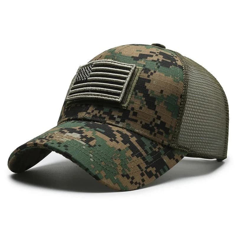 Cappello da Baseball con Bandiera Americana e Motivo Mimetico, Ricamato, con Rete, per Uomo, Outdoor, con Chiusura in Velcro