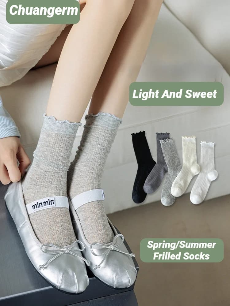 Women's medium tube socks in solid color with mesh, light and breathable, with wavy edge, ballet style, casual, thin, spring summer