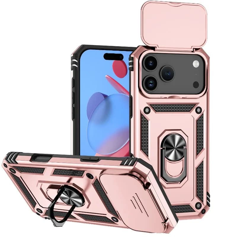 Luxury Rose Gold Flip Anti-Peep Lens Cover For Magsafe Case For iPhone 18 Pro Max Wireless Charge Rotating Ring Kickstand Cover