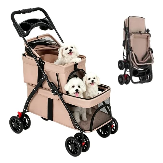 Double Pet Stroller for Dogs and Cats Large Up to 30kg in Khaki color