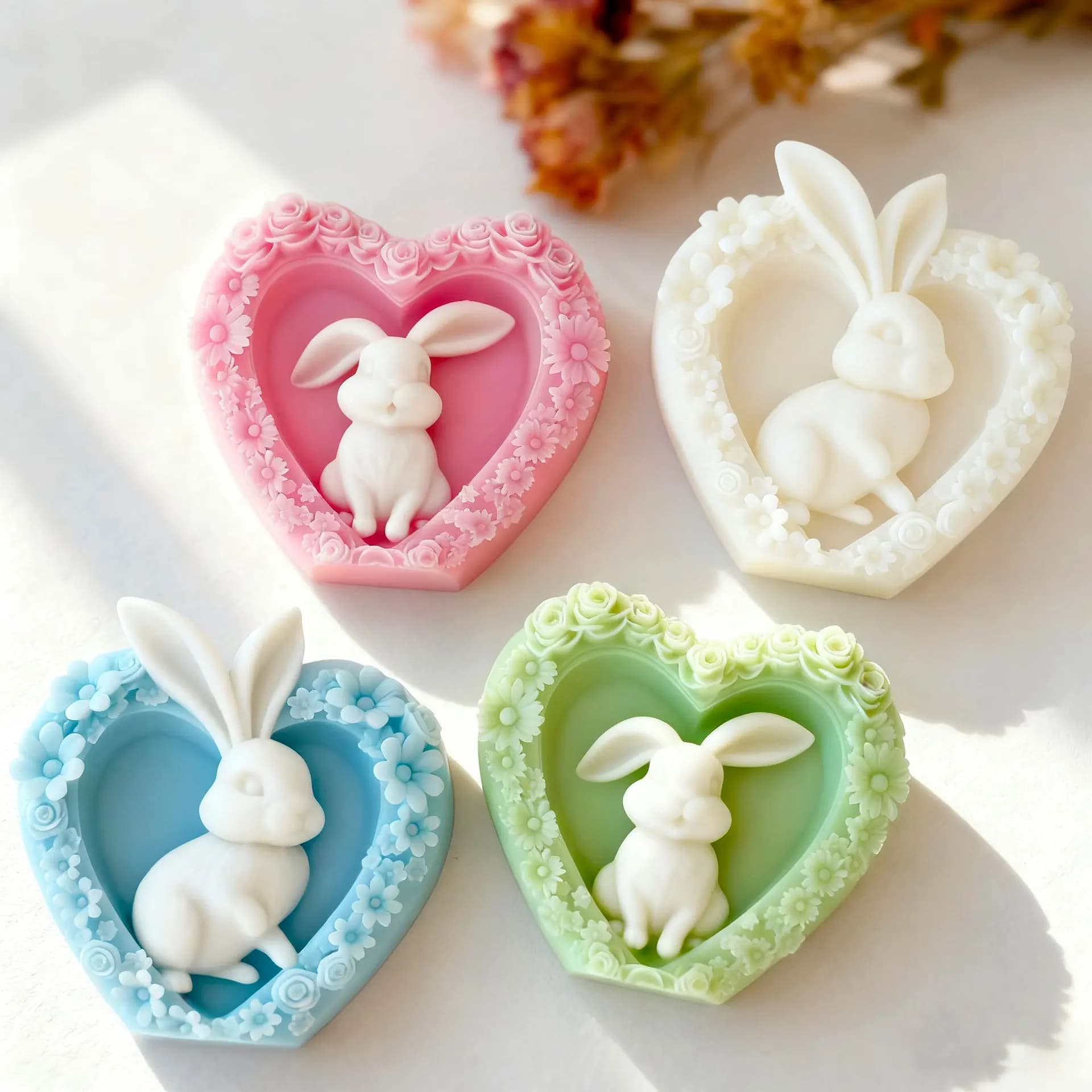 Stampo per candele in silicone coniglietto d'amore pasquale fai-da-te a forma di cuore fiori in rilievo fatto a mano in gesso stampo per sapone candele per realizzare forniture