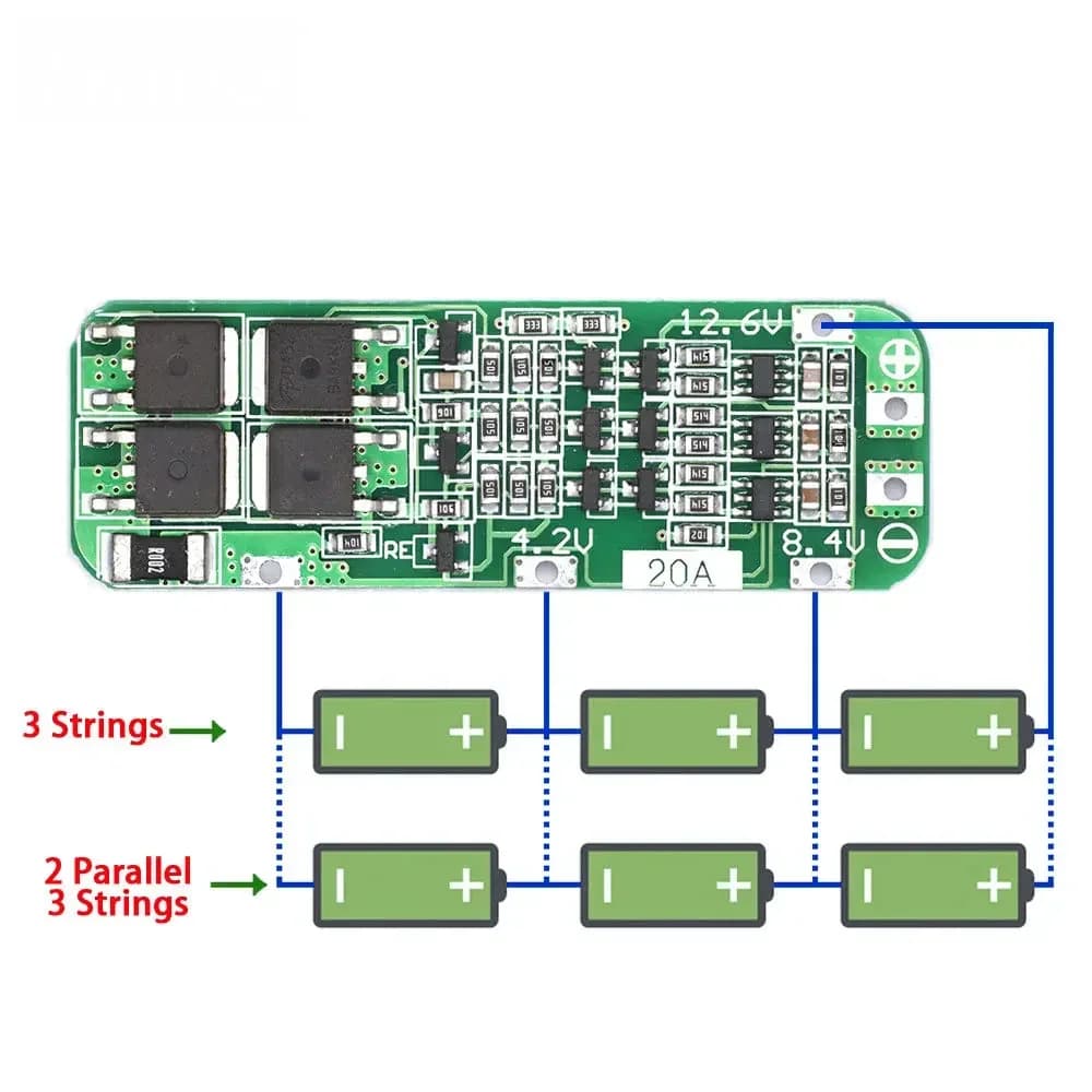 Scheda di protezione del caricabatterie BMS per batteria agli ioni di litio 18650 3S 20A - Modulo PCB da 12,6 V (59x20x3,4 mm)