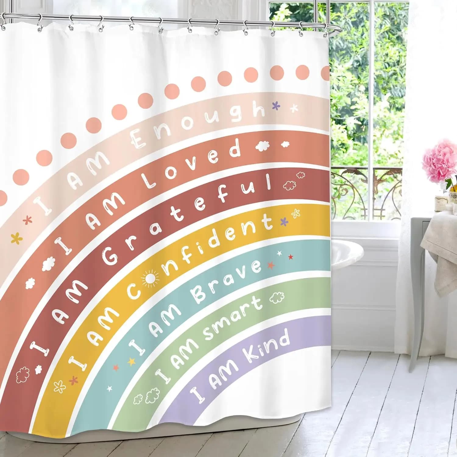 Tenda da doccia arcobaleno per bambini – Citazioni ispiratrici, affermazioni “Io sono”, graziosa decorazione da bagno in stile boho per ragazzi e ragazze