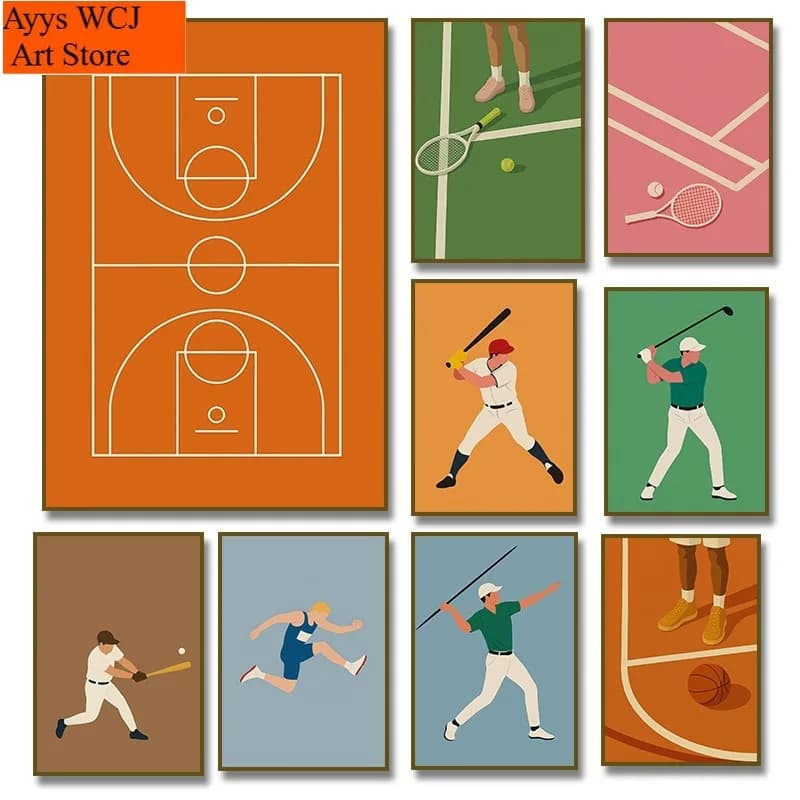 Picture on frameless canvas, artistic wall print with minimalist sports posters: Basketball, Tennis, Baseball, Golf
