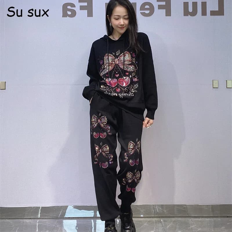 Sequins Butterfly Knitted Pencil Pant Sets 2 Piece Woman Outfits Korean Fashion Oversized Hoodies Knitshirt Matching Sets 2025