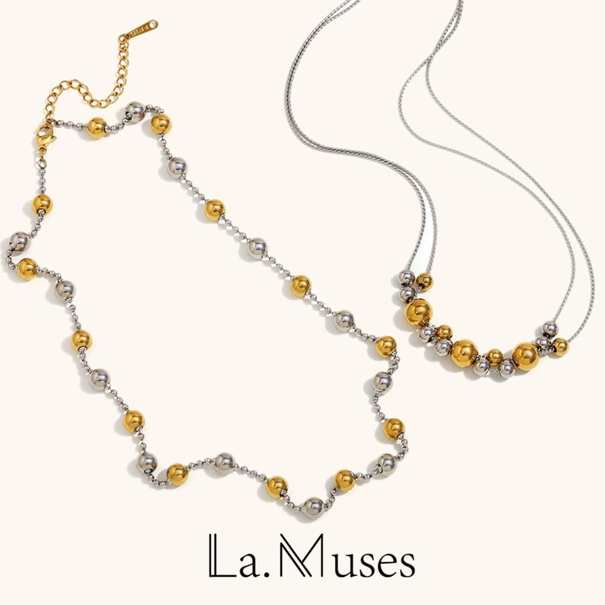 La. Muses Mixed Color Beads Round Beads Double Layer Chain Stainless Steel Women's Necklace PVD Plated Fashion Jewelry Gift