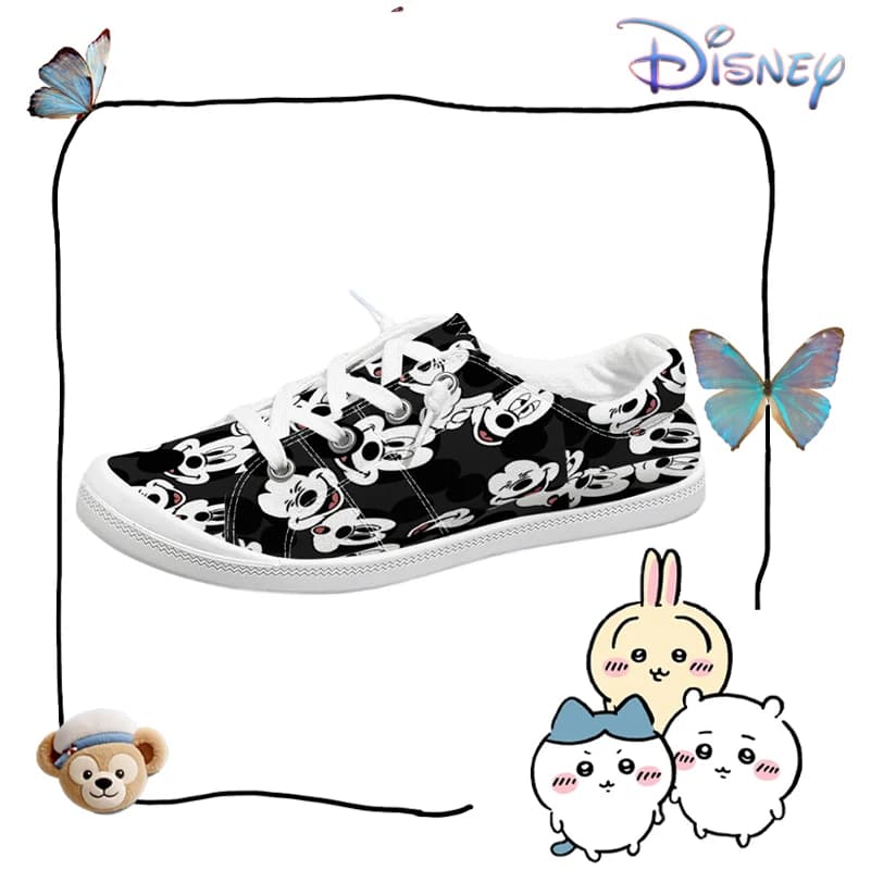 Low canvas shoes with Disney print White and black mouse for woman, casual breathable sneakers