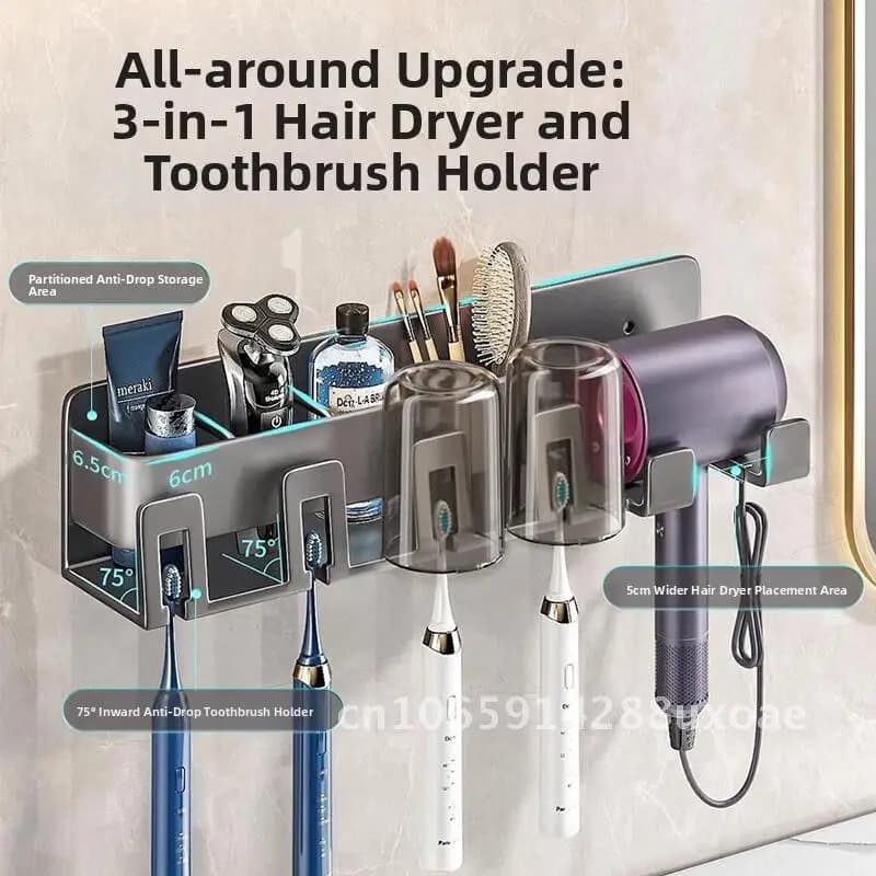 Wall toothbrush holder, hair dryer bracket without holes, integrated cup holder for gargles