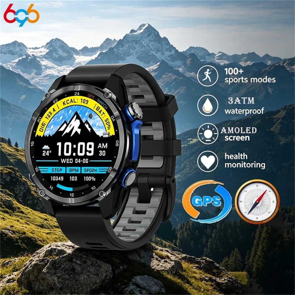 696 GPS Outdoor Sports Smart Watch Blue Tooth Call 3ATM Waterproof Clock AMOLED Screen Health Watches Compass Weather Smartwatch