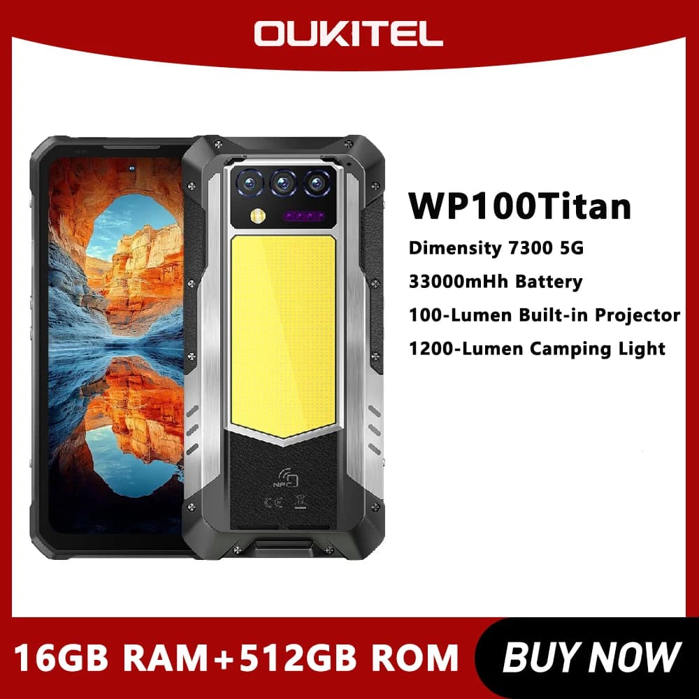 Oukitel WP100 TITAN Smartphone robusto Proiettore incorporato 33000mAh Dimensity 7300 5G 1200 lumen Luce da campeggio 200MP Fotocamera NFC