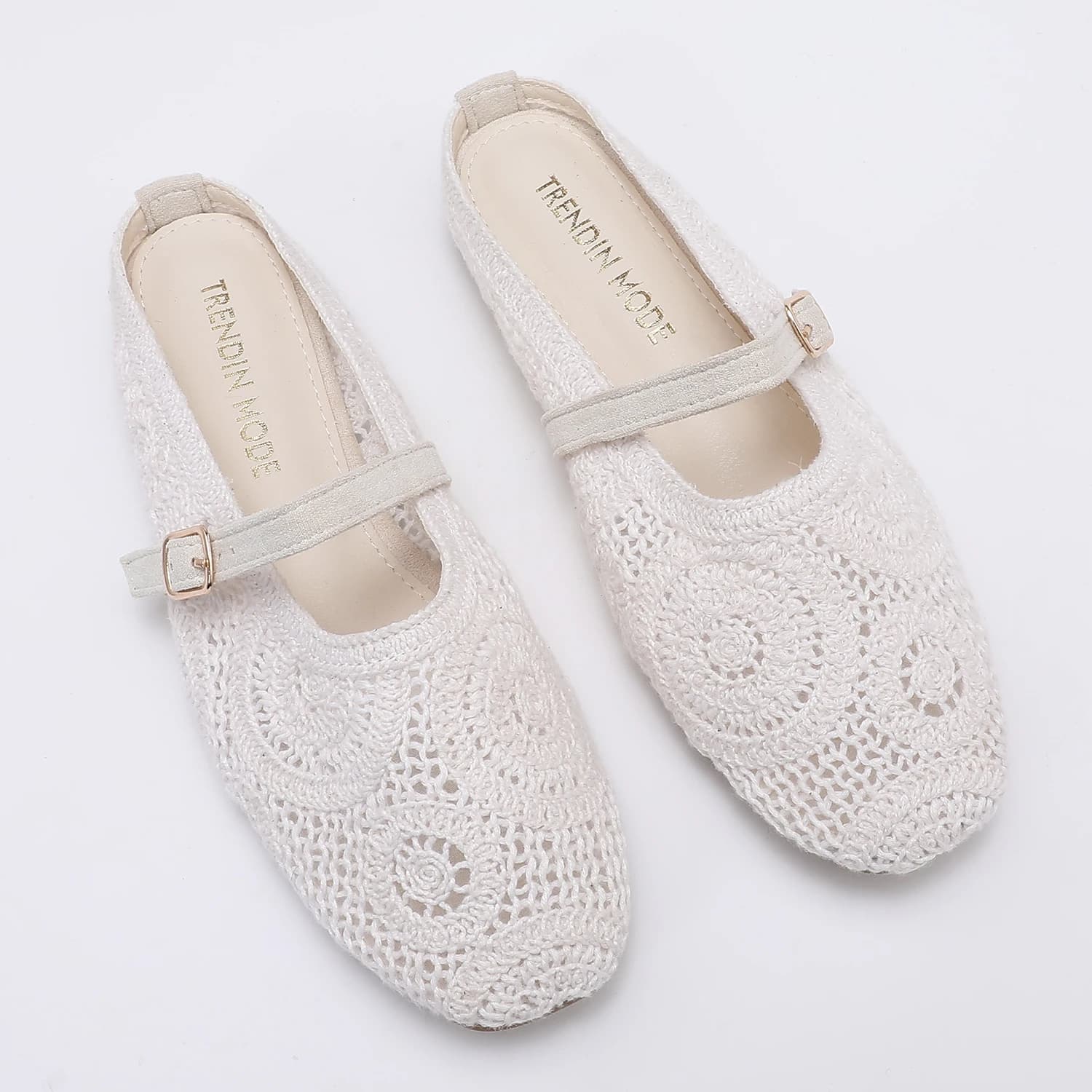 Mules in maglia da donna Trendin Mode con punta quadrata, lavorazione all'uncinetto, slip-on con fibbia regolabile, traspiranti e a punta chiusa