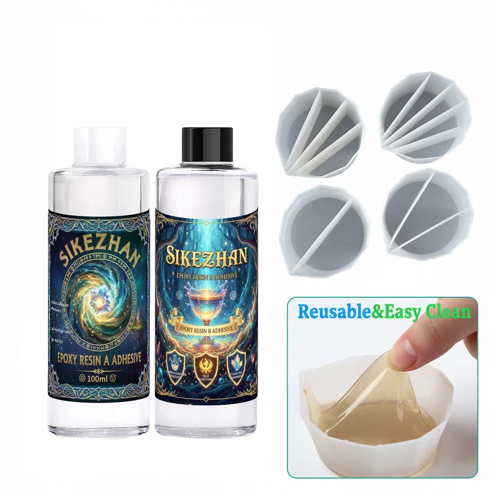 Epoxy Resin Kit with 4 Silicone Split Cups for Paint Pouring Clear AB Adhesive for Fluid Art DIY Crafts & Jewelry Reusable Tools