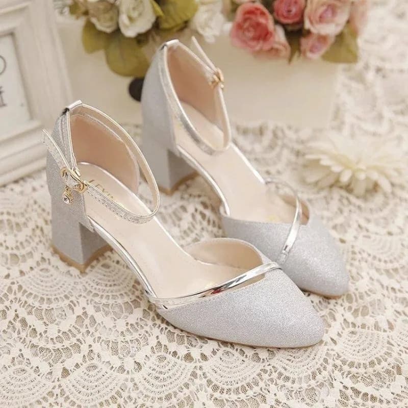 Women's Glitter Chunky Block Heel Pumps Ankle Strap with Rhinestone, Closed Pointed Toe Dress Shoes for Wedding Bridesmaid Party