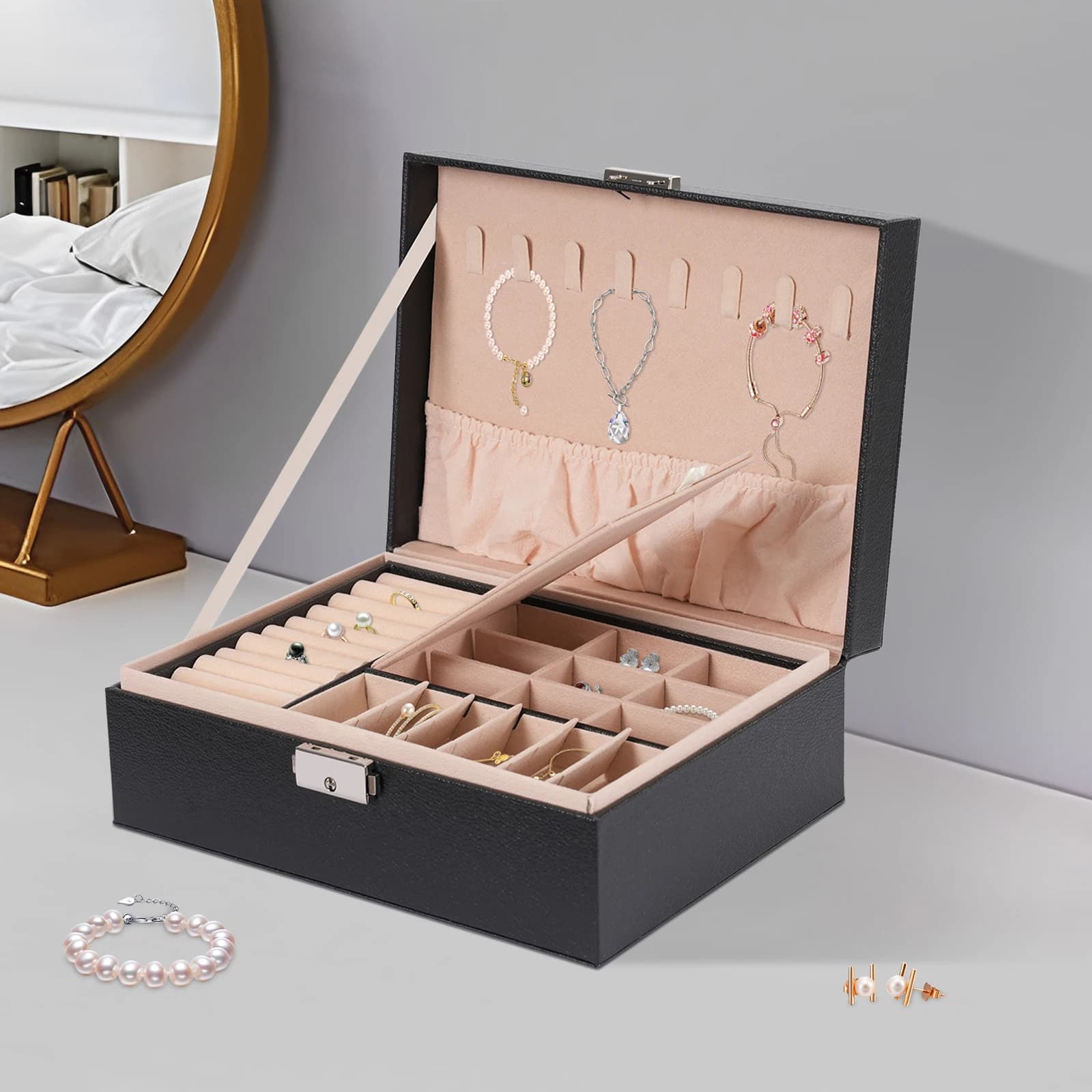 2-tier Tabletop Jewelry Box with Sturdy Rope Detachable Divider for Storing Rings, Earrings, Bracelets, Brooches, Watches, Necklaces