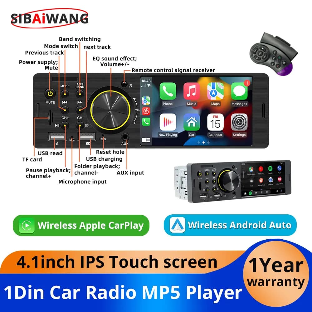 Wireless CarPlay Android Auto 1Din Autoradio MP5 Lettore video multimediale Universale da 4,1 pollici 60W * 4 AUX USB Bluetooth TouchScreen