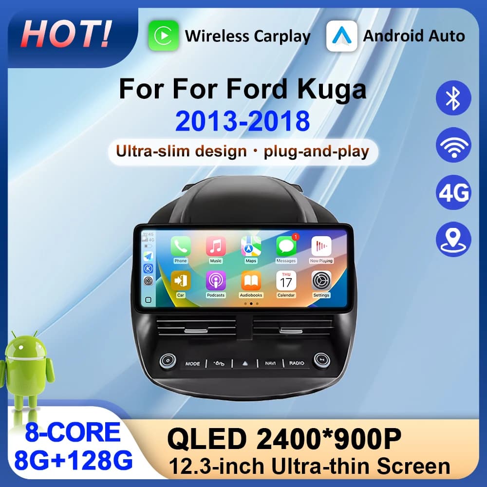 12.3" Android 15.0 GPS Navi For Ford Kuga 2013 - 2018 Wireless Carplay Android Auto BT WiFi 4G DSP Stereo Car Multimedia Player