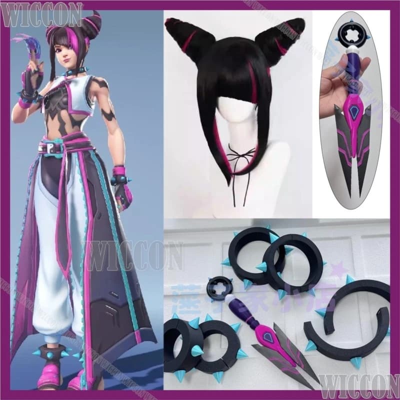 Kiriko Juri Game Han Over Game Cosplay Woman Double Branch Wig Black Purple Hair Cos Prop Crew Bracelet with Bullion Halloween Party Cos