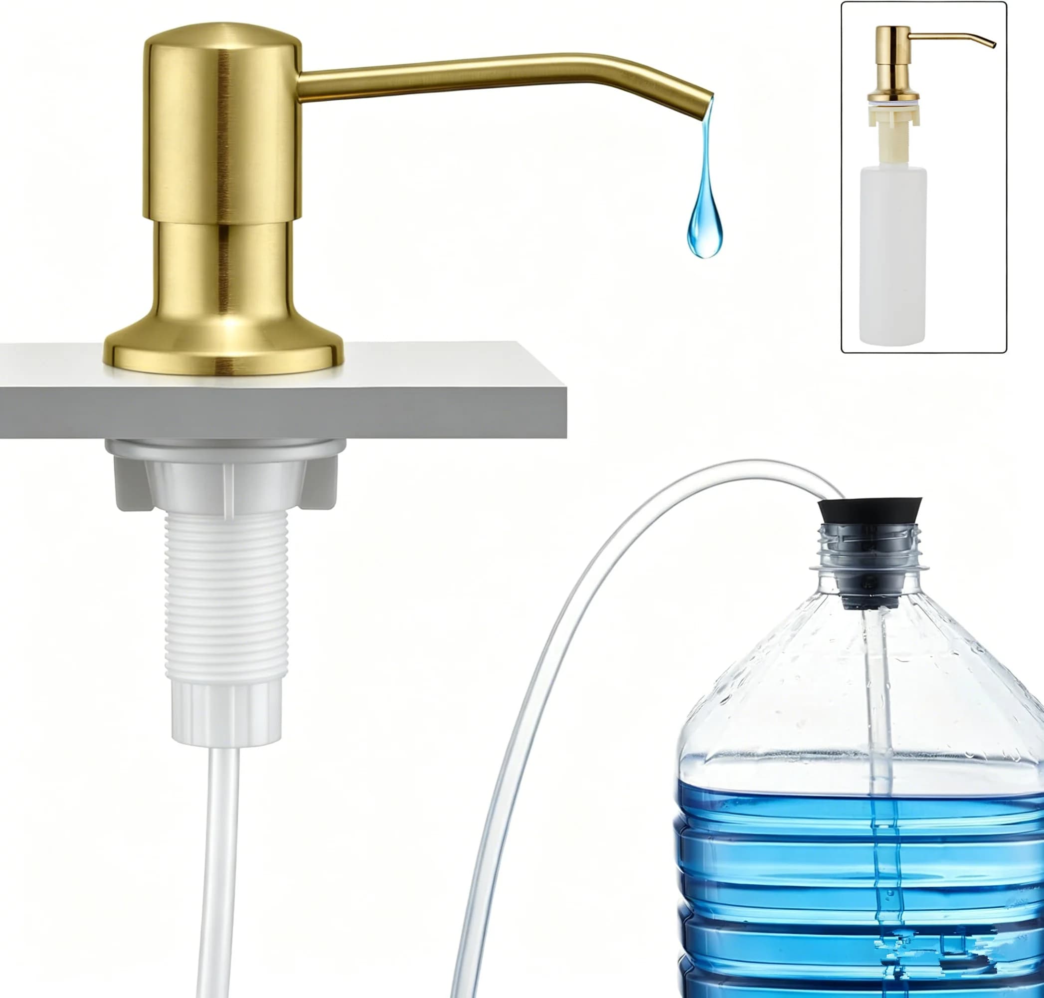 Dispenser di Sapone per Lavello da Cucina Dorato con Tubo da 100cm / Bottiglia da 350ml in Acciaio Inox Nero Spazzolato Cromato con Erogatore a Pressione Manuale