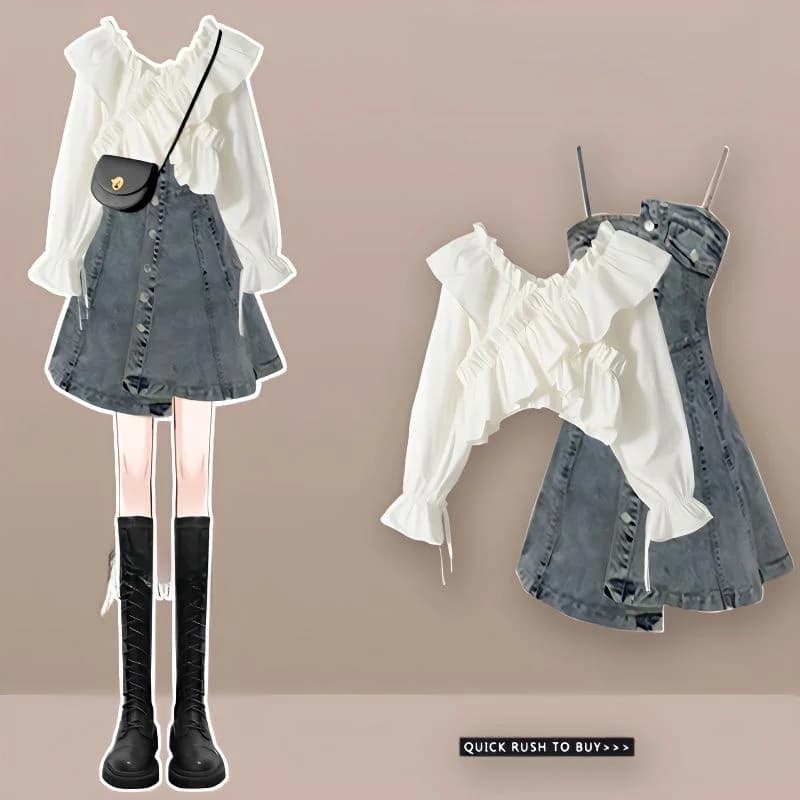 Set di jeans slim fit per donna, primavera autunno, top e gonna in stile vintage, due pezzi, taglie forti, moda.