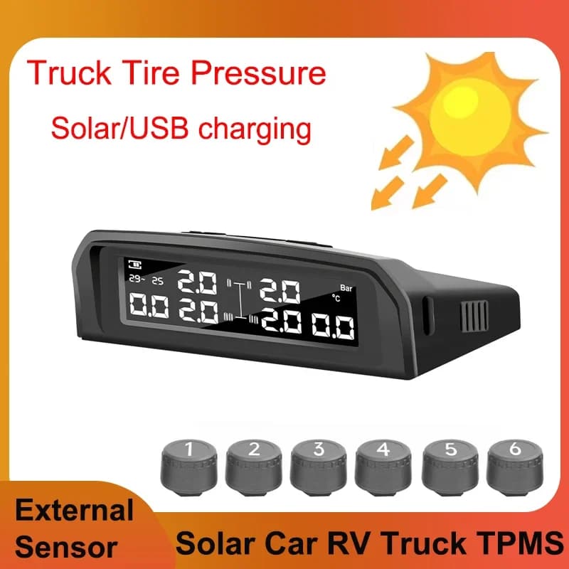 Sensore TPMS solare per pressione dei pneumatici a 6 ruote per camion Monitoraggio della sicurezza Sistema di allarme della temperatura Ricarica USB con impermeabile
