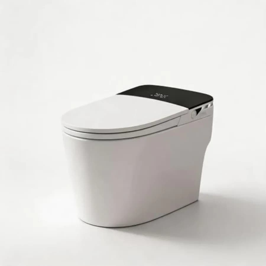 Smart toilet for home use, ceramic white, with bidet, heated seat, warm water, air dryer, night light, foot flush, manual lid,