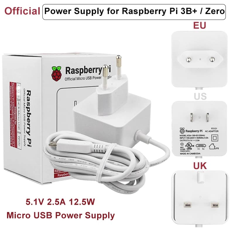Raspberry Pi Zero 2 W alimentatore ufficiale 5.1V 2.5A US UK EU Plug Charger adattatore di alimentazione Micro USB per Raspberry Pi 3B 3B + 2B