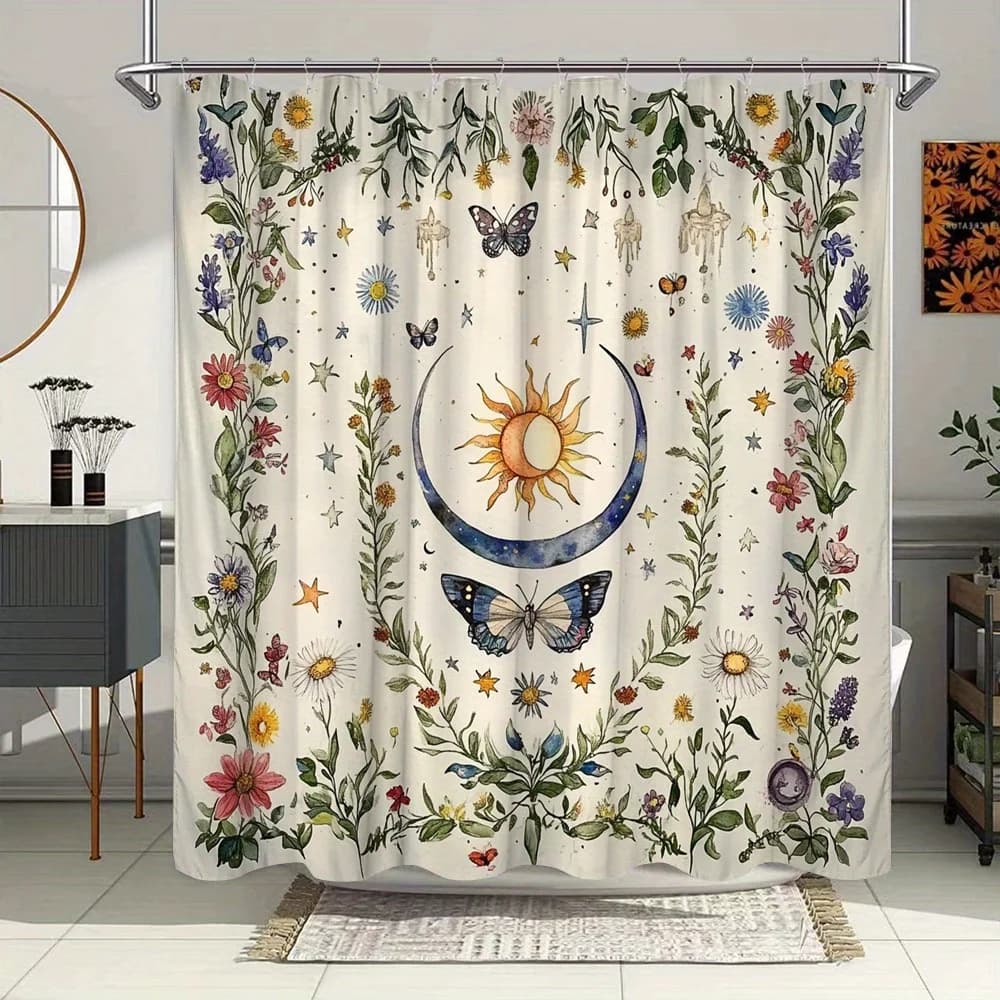 Tenda da doccia celeste e botanica: design sole, luna, farfalla e floreale, poliestere, arredamento da bagno di ispirazione vintage