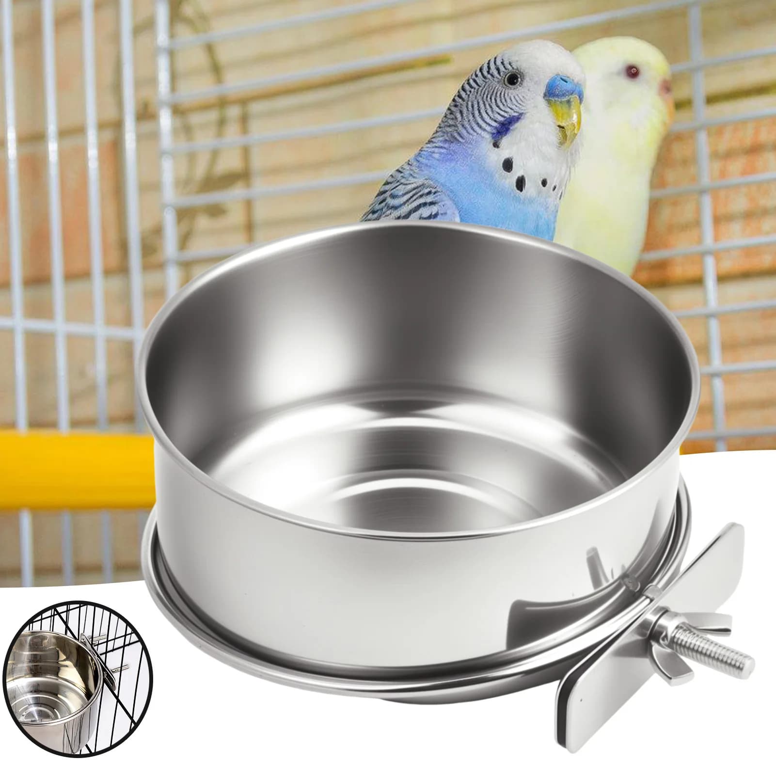 Stainless Steel Parrot Food Cup Bird Feeder Anti Chew Bowl Pet Bird Feeding Container with Holder for Cage
