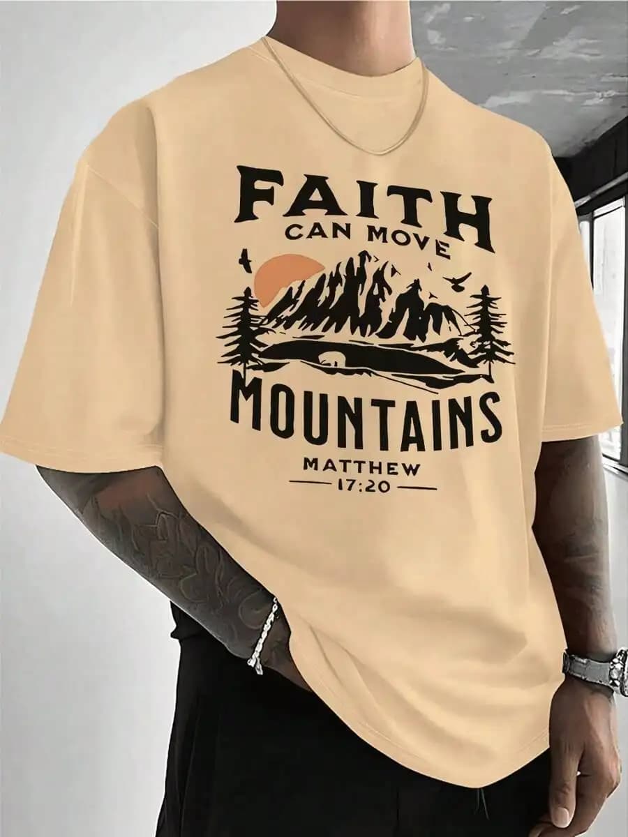 Faith Can Move Mountains Graphic Tee - T-shirt casual da uomo in cotone a maniche corte