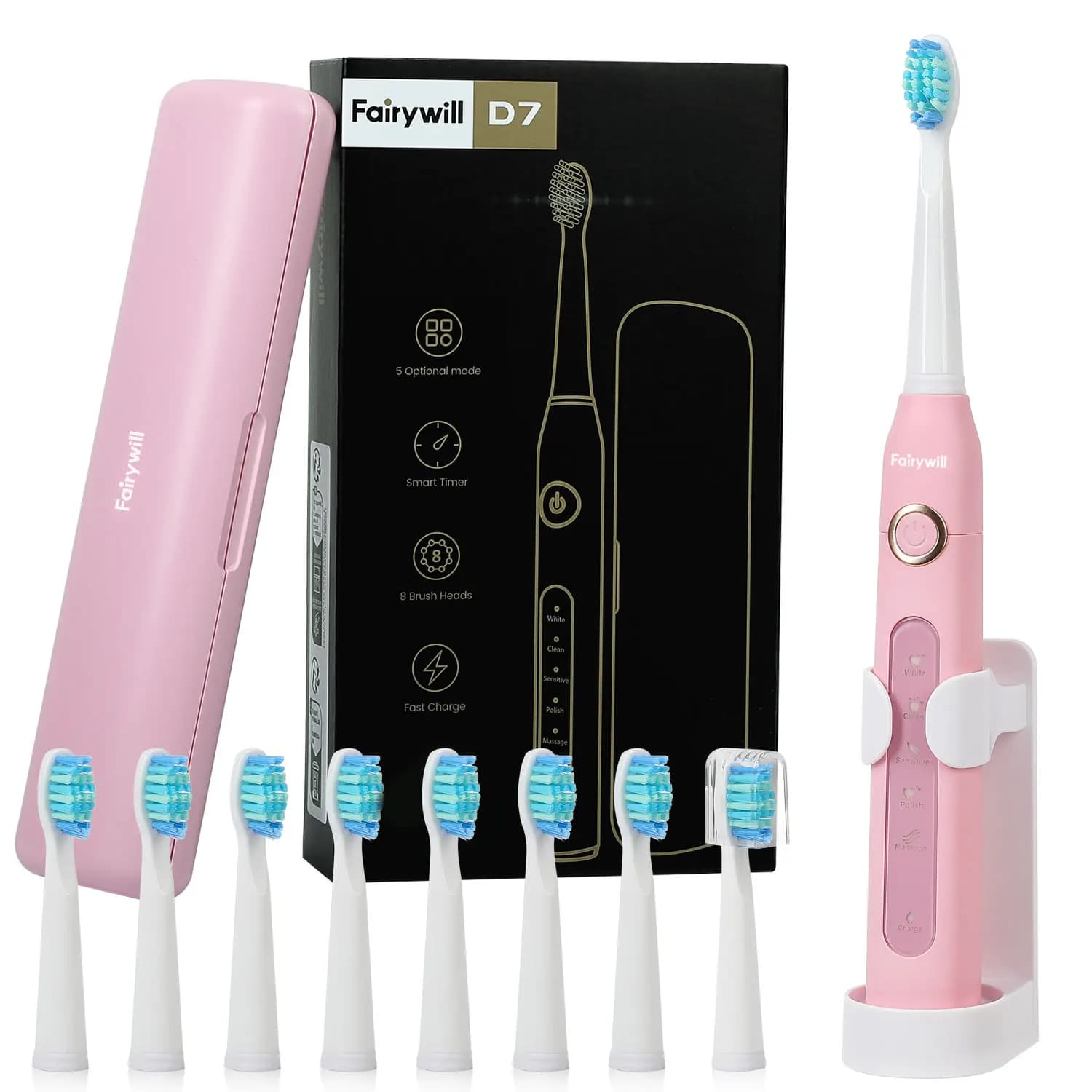 Fairywill FW507 Sonic Electric Toothbrush USB Charger Tooth 8 Replacement brush Waterproof electronic toothbrush with travel case