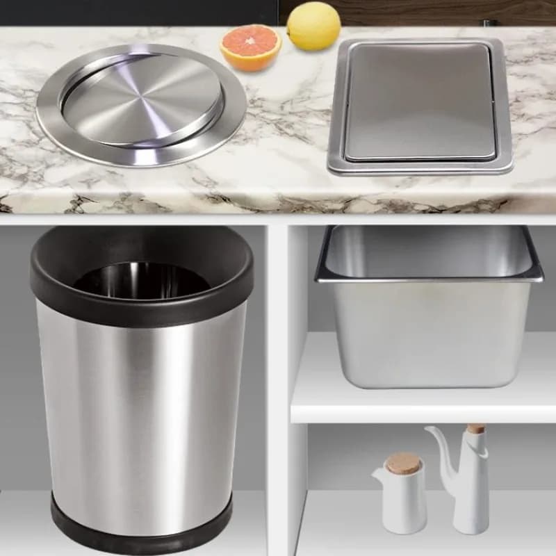 Stainless Steel Flap Flush Recessed Built-in Balance Swing Flap Lid Cover Trash Bin Garbage Can Kitchen Counter Top
