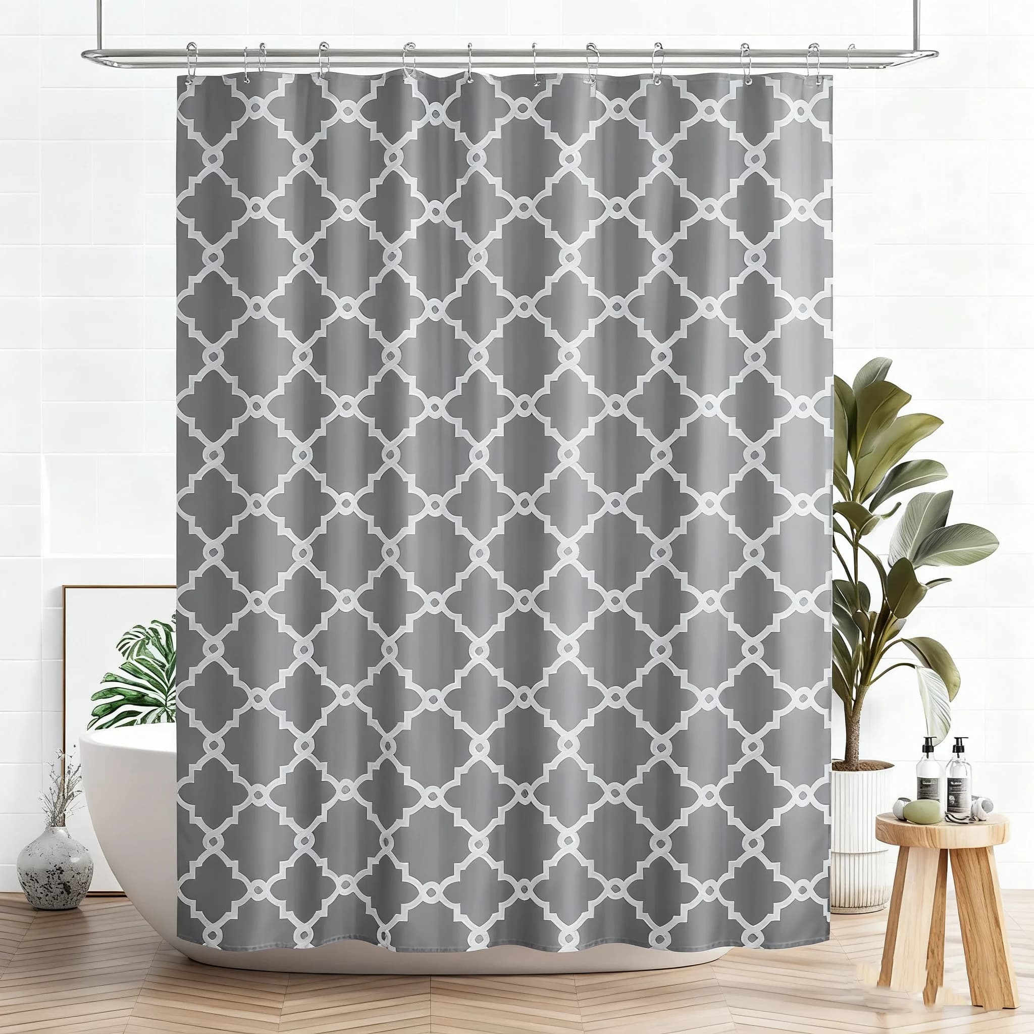 Tenda da doccia in poliestere grigio da 1 pezzo con occhielli in metallo e ganci in plastica, tenda da bagno in tessuto per tenda per porta finestra del bagno