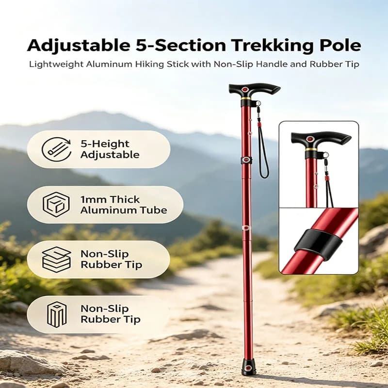 Foldable Aluminum Trekking Poles, Adjustable Lightweight Walking Cane for Seniors, Travel & Outdoor Hiking