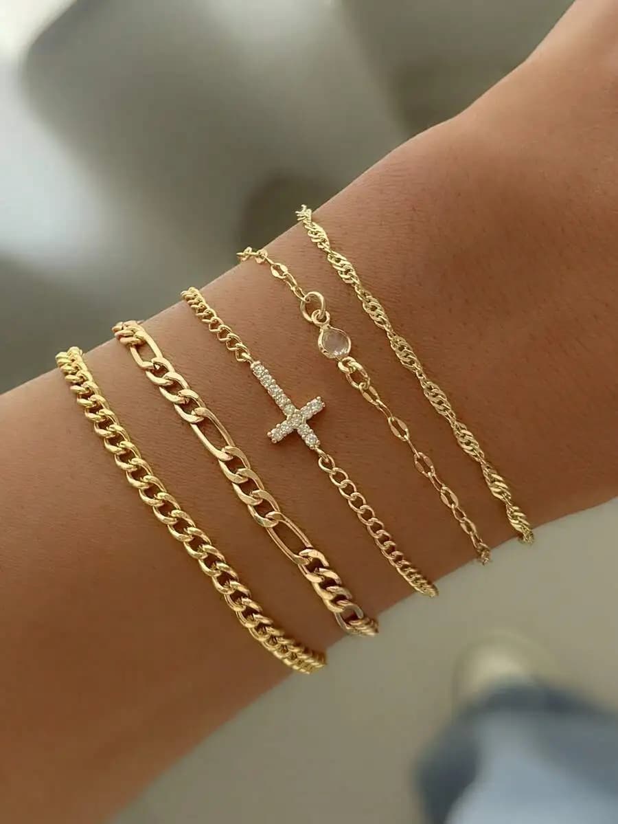 5pcs High-Quality Cubic Zirconia Cross Decorated Multilayer Bracelet, Fashionable, Suitable For Women's Parties, Gatherings, Dai