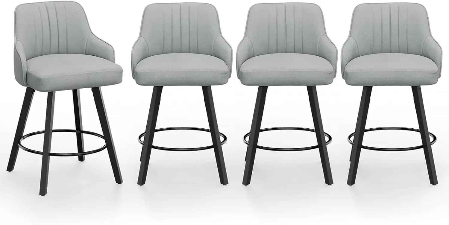 Set di 4 Sgabelli Girevoli, Rivestiti in Lino, con Supporto per la Schiena, Seduta Imbottita, Gambe in Legno Massello, Grigio, Altezza da Bancone