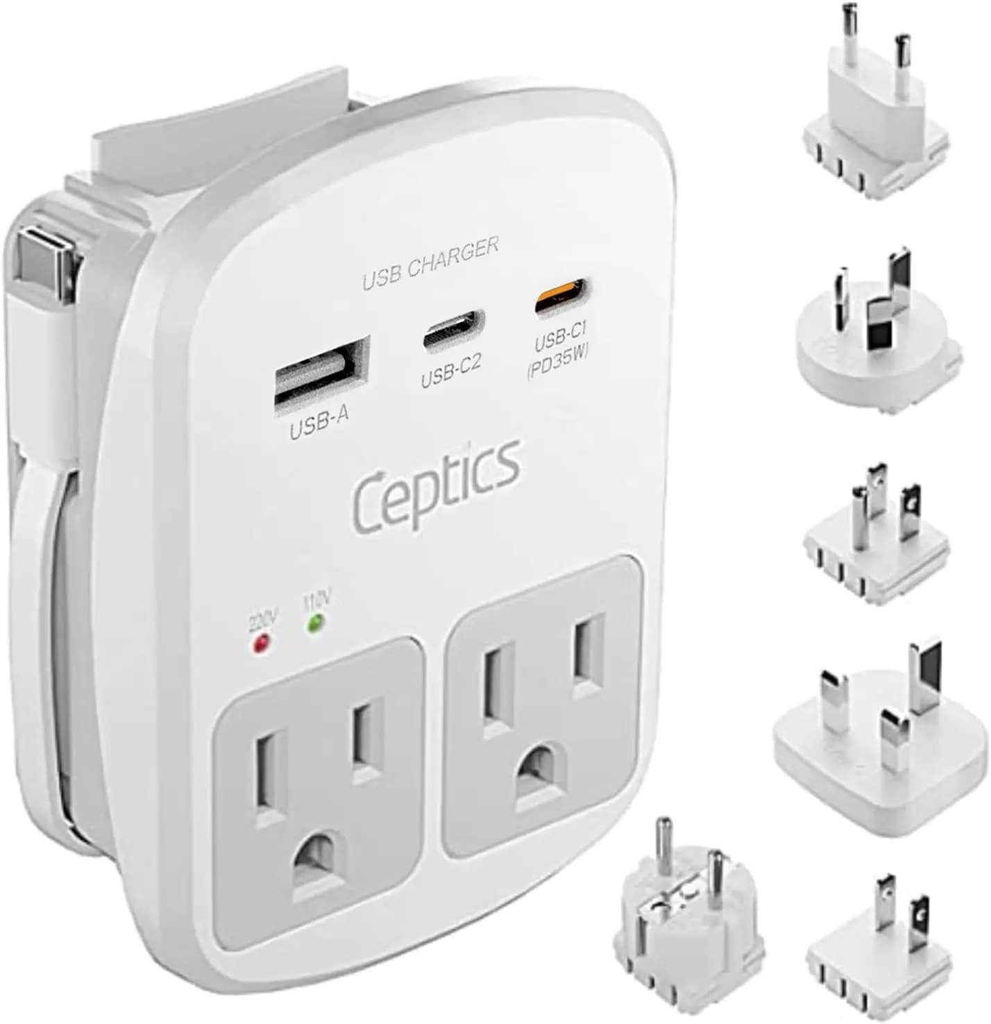 Kit adattatore da viaggio universale da 35 W con 2 prese USA, USB-A, USB-C PD, protezione da sovratensione per laptop, telefono in tutto il mondo