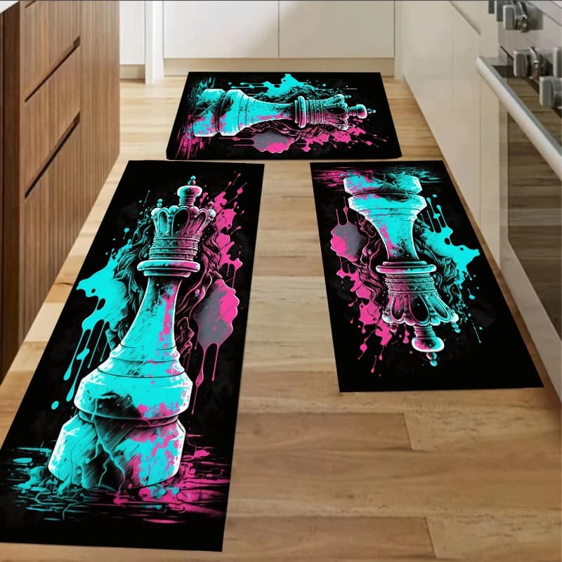 Set di tappeti da cucina Neon Chess Queen da 1 pezzo - Tappetini antiscivolo, impermeabili e facili da pulire per cucina, bagno e ingresso