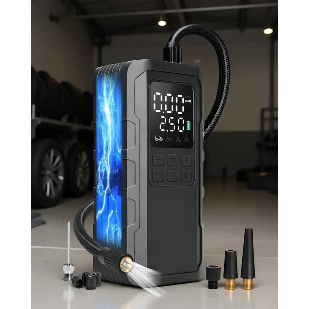 Compressore d'Aria Portatile 150PSI Senza Fili con Manometro e Luce LED, Pompa Rapida per Auto, Moto e Biciclette